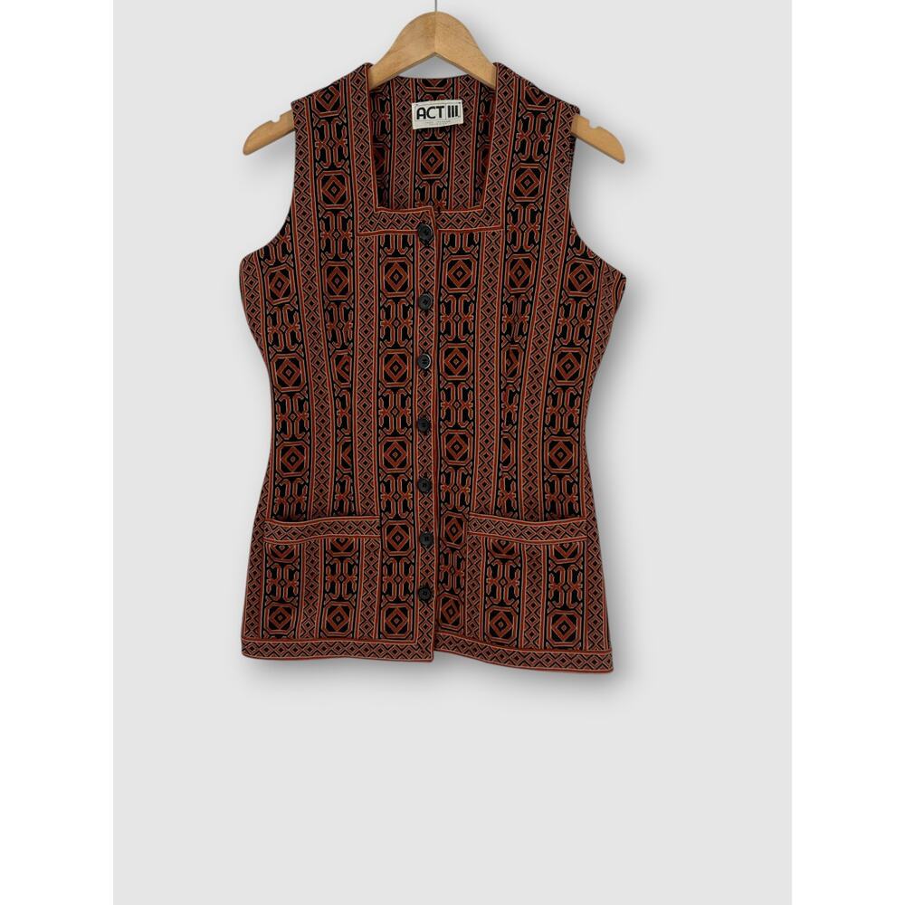70s Vintage Geometric Diamond Stripe Button Front Boho Folk Tapestry Vest